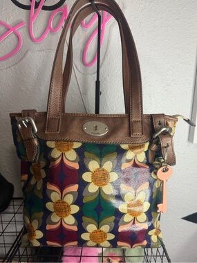 Fossil Key-Per Floral Coated Canvas Tote Purse Vintage Y2K Boho Handbag